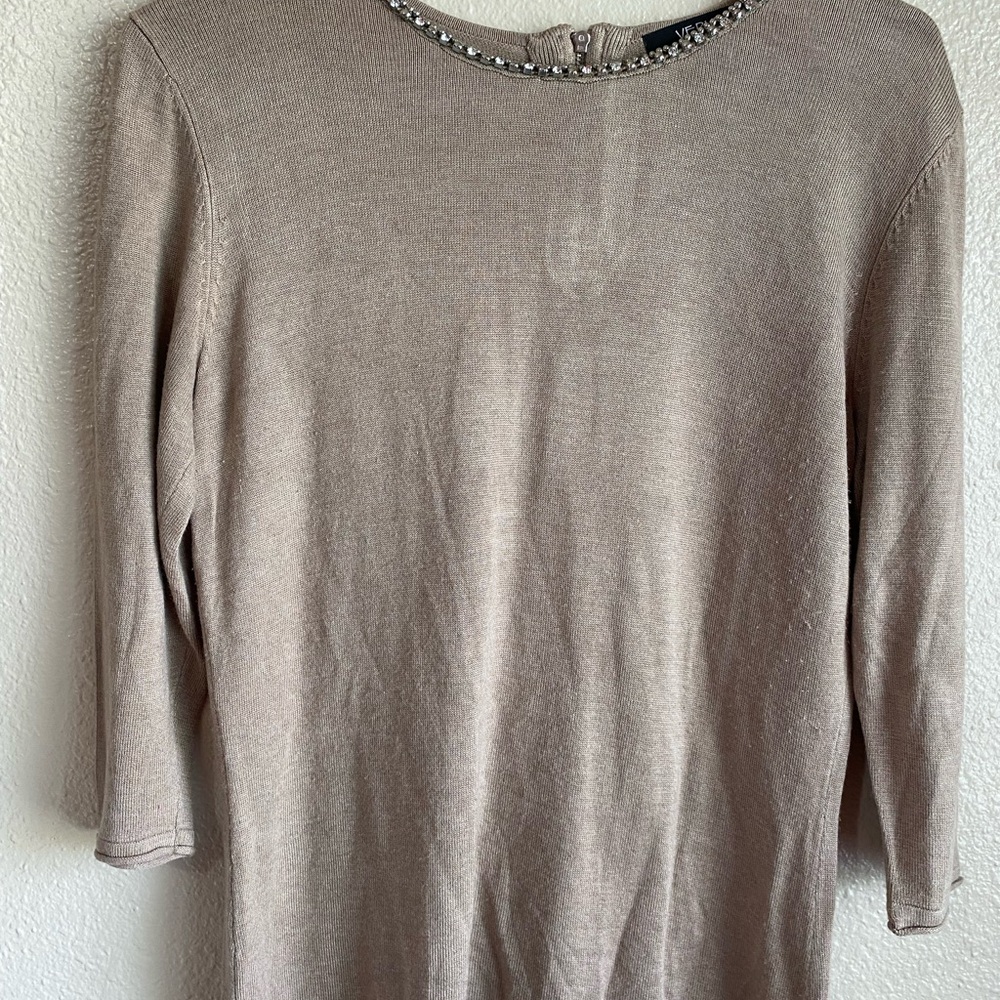 Verve Ami Taupe Sweater with Embellished Neckline